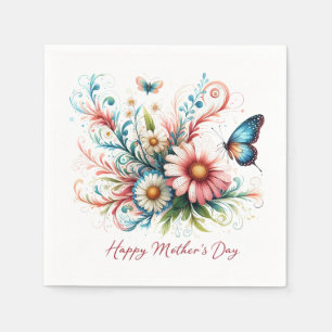 Serviette En Papier Fleurs roses et bleues Bonne fête des Mères