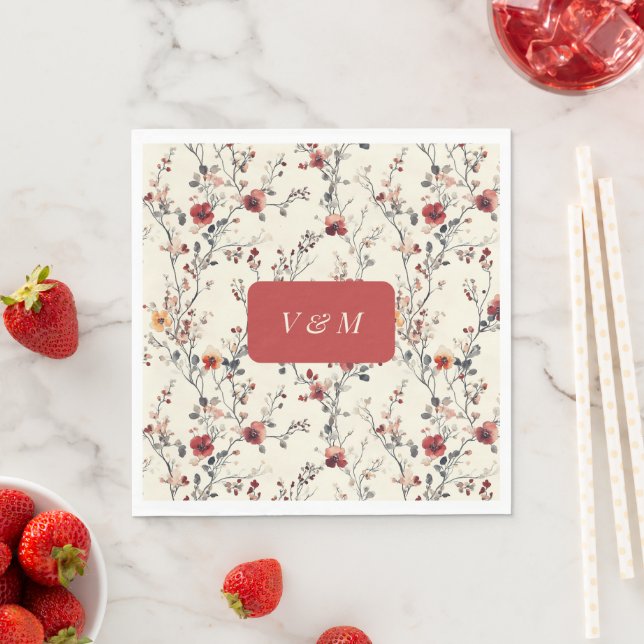 Serviette En Papier Fleurs roses et rouges de printemps  (En situation)