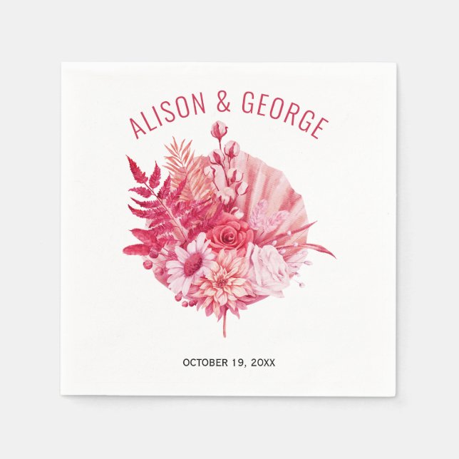 Serviette En Papier Fleurs roses et rouges, mariage en feuille de palm (Devant)