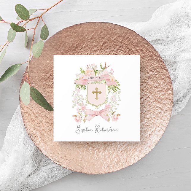 Serviette En Papier Fleurs roses Fairytale Crest et Croix | Baptême (Créateur téléchargé)