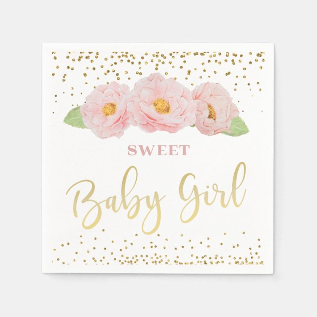 Serviette En Papier Fleurs roses Gold Confetti Doux bébé fille Douche (Devant)