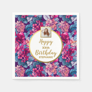 Serviette En Papier Fleurs roses, photo, tout âge, anniversaire person