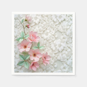 Serviette En Papier Fleurs Roses Sur Dentelle Bridale Blanche