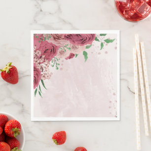 Serviette En Papier fleurs roses vert feuille mariage