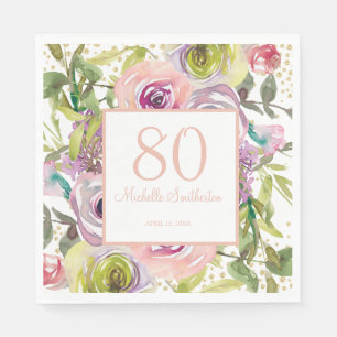 Serviette En Papier Fleurs roses violettes Paillettes dorées 80e anniv
