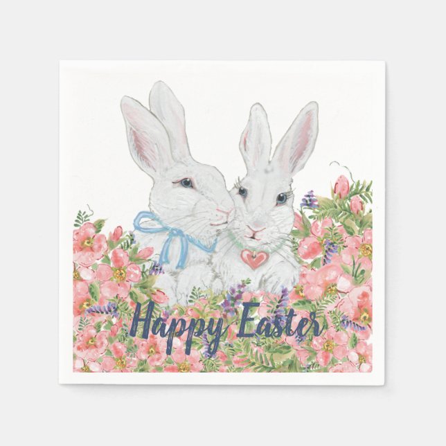 Serviette En Papier Fleurs roses Whimsical Lapin Blanc Lapins Pâques (Devant)