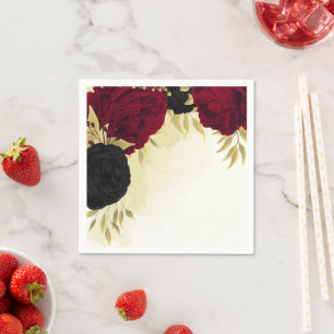 Serviette En Papier fleurs rouges noires or feuille mariage