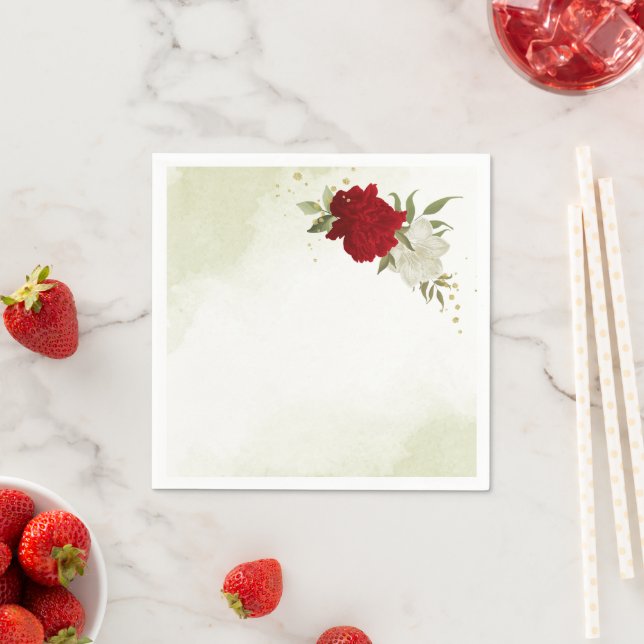 Serviette En Papier fleurs rouges vert feuille mariage (En situation)