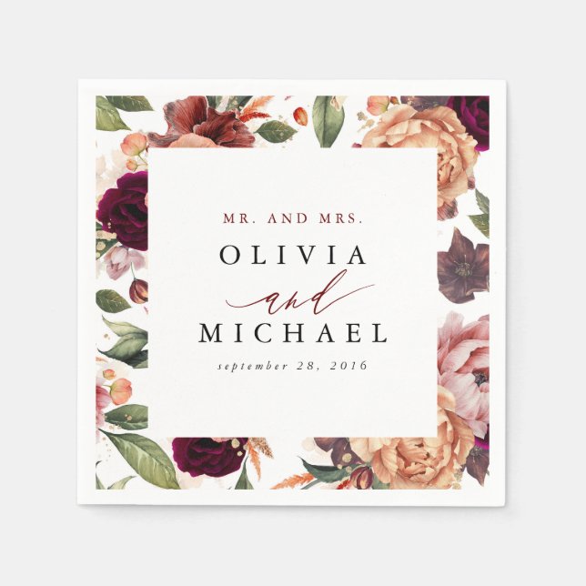 Serviette En Papier Fleurs rustiques orange brûlé et rouge burgonde (Devant)