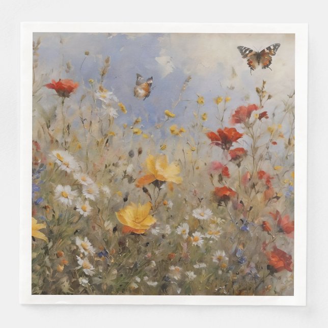 Serviette En Papier Fleurs sauvages d'aquarelle et papillons (Devant)