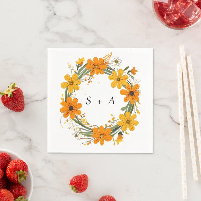 Serviette En Papier Fleurs sauvages orange et jaune Mariage de couronn (En situation)