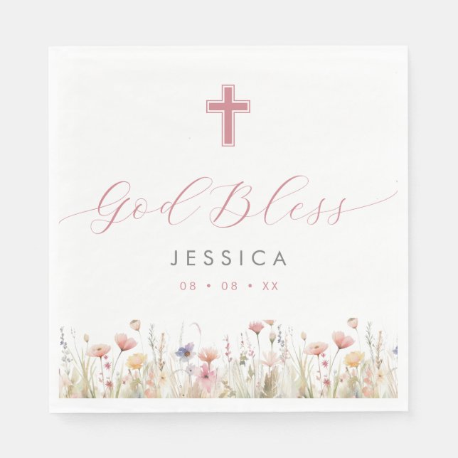Serviette En Papier Fleurs sauvages roses et Baptême béni de Dieu croi (Devant)