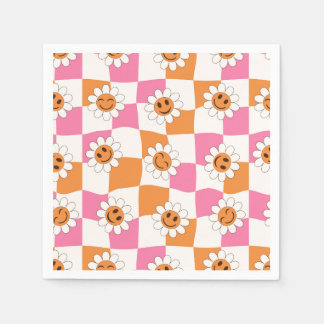 Serviette En Papier Fleurs souriantes rétro sur des damiers déformés 