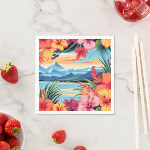 Serviette En Papier Fleurs tropicales colorées et paysage