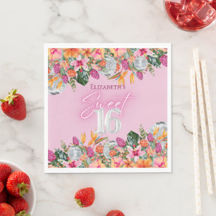 Serviette En Papier Fleurs tropicales colorées Sweet 16 Disco Annivers