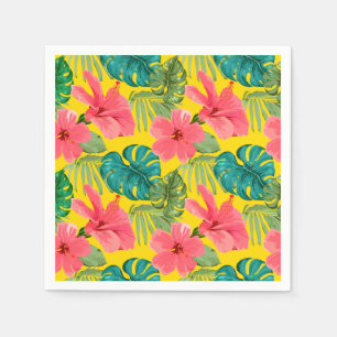 Serviette En Papier Fleurs tropicales exotiques et feuillage sur Jaune
