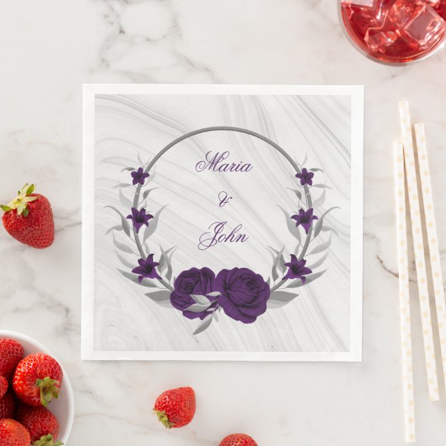 Serviette En Papier fleurs violettes argent botanique en marbre (En situation)