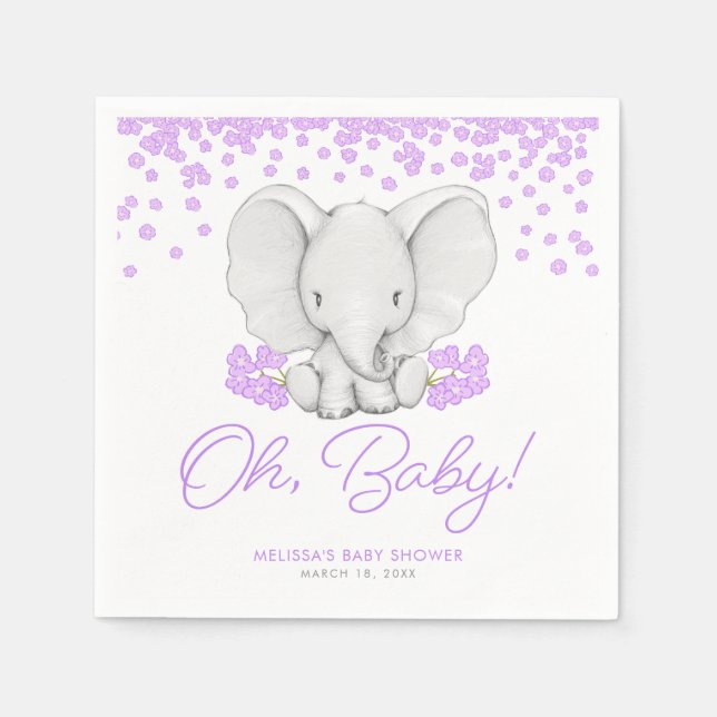 Serviette En Papier Fleurs violettes Eléphant Fille Baby shower (Devant)