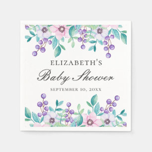 Serviette En Papier Fleurs violettes roses. Baby shower floral aquarel