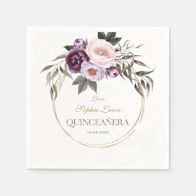 Serviette En Papier Fleurs violettes roses Mis d'or Quince Quinceañera (Devant)
