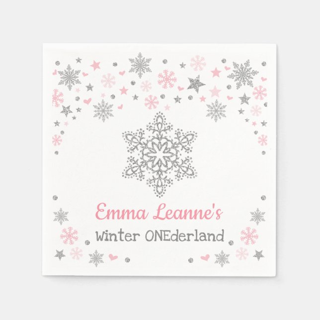 Serviette En Papier Flocon de neige rose Argent Baby shower d'annivers (Devant)