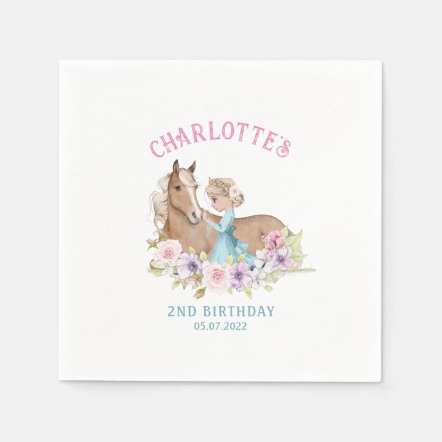 Serviette En Papier Floral Anniversaire Blonde Princesse avec cheval (Devant)