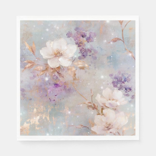 Serviette En Papier Floral blanc d'or violet (Devant)