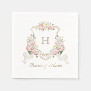 Serviette En Papier Floral Blush Rose Vert Crest Monogramme Mariage