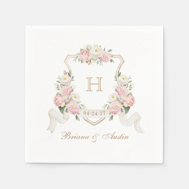 Serviette En Papier Floral Blush Rose Vert Crest Monogramme Mariage (Devant)