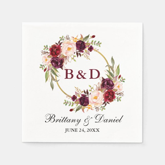 Serviette En Papier Floral Bourgogne Mariage de monogramme (Devant)