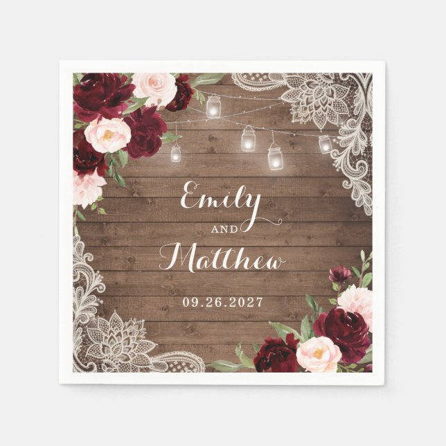 Serviette En Papier Floral Bourgogne Russe dentelle de bois Lumières (Devant)