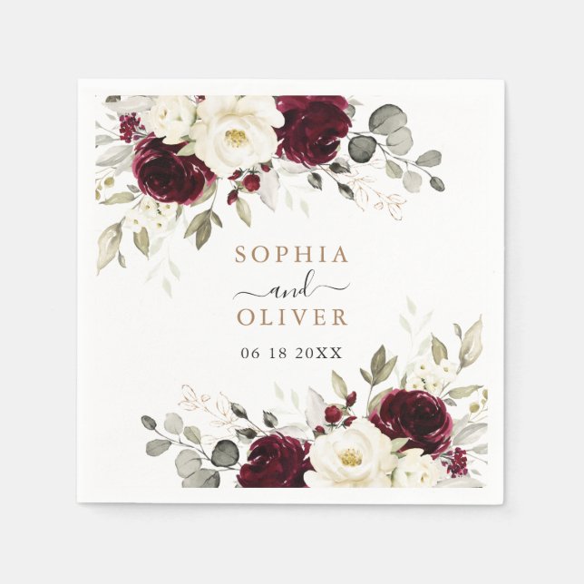 Serviette En Papier Floral Bourgogne Vert Or Mariage personnalisé (Devant)