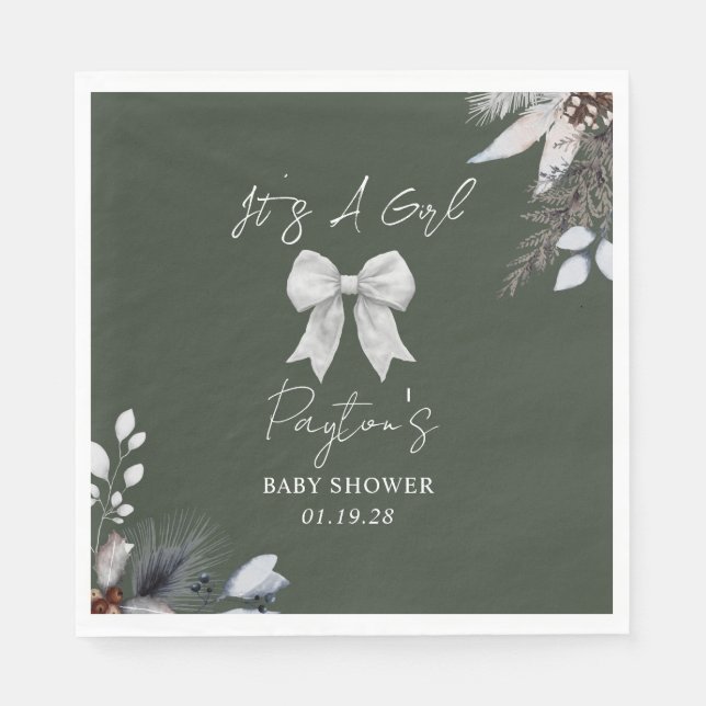 Serviette En Papier Floral Bow Winter Girl Baby shower vert Bienvenue (Devant)