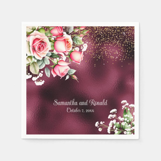 Serviette En Papier Floral Burgundy Foil et Mariage de Parties scintil (Devant)
