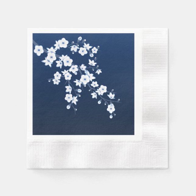 Serviette En Papier Floral Cerisier Fleur Marine Bleu Blanc (Devant)
