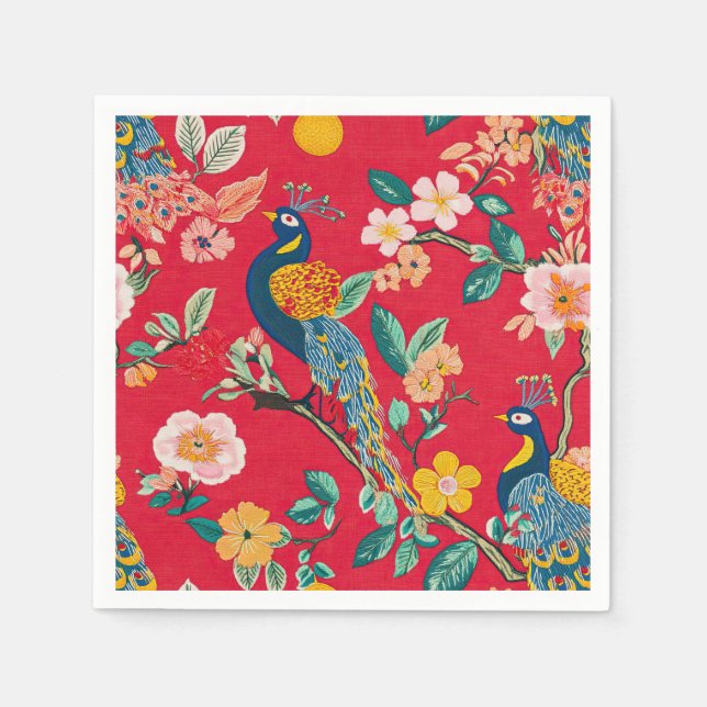 Serviette En Papier Floral Chinoiserie Rouge avec Peacocks (Devant)