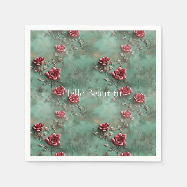 Serviette En Papier Floral de Roses rouges vertes (Devant)