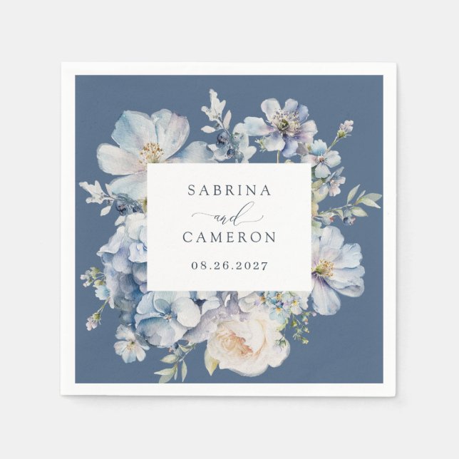 Serviette En Papier Floral Dusty Blue Mariage élégant (Devant)