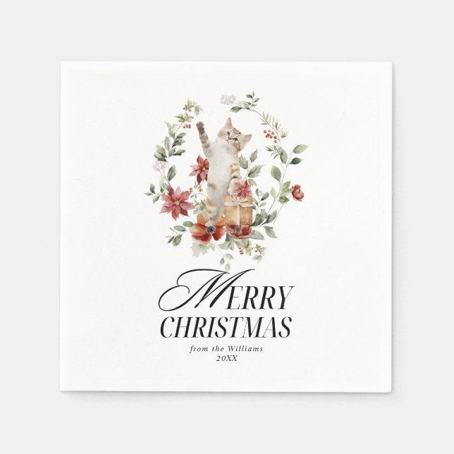 Serviette En Papier Floral Elegant Aquarelle Chat Joyeux Noël (Devant)