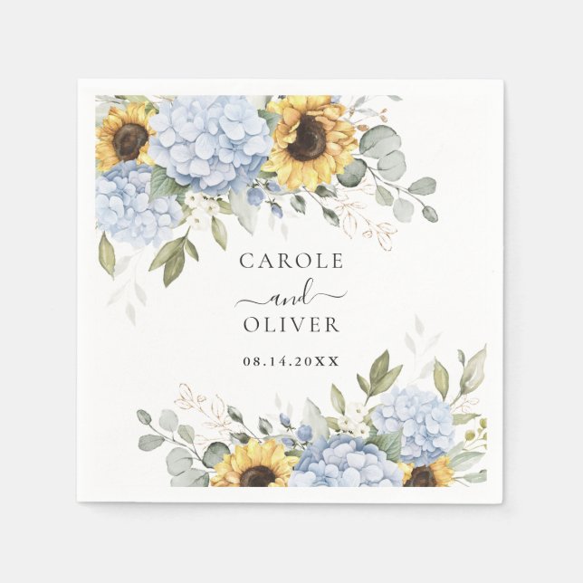 Serviette En Papier Floral Elegant Blue Hydrangea Sunflowers Mariage (Devant)