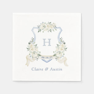 Serviette En Papier Floral Elegant Crest Dusty Blue Mariage Monogramme