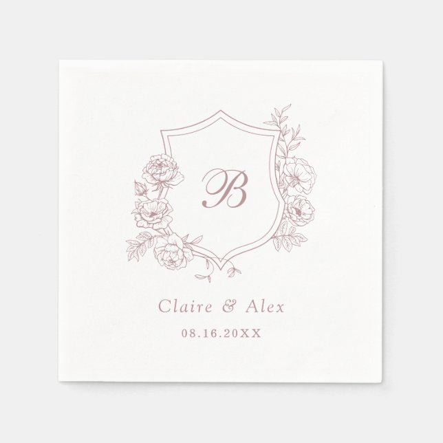 Serviette En Papier Floral Élégant Rose Crest Dusty rose Monogramme (Devant)