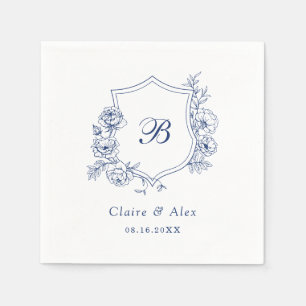Serviette En Papier Floral Élégant Rose Crest Royal Blue Monogramme
