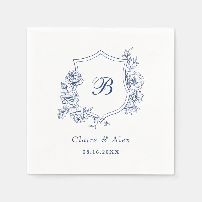 Serviette En Papier Floral Élégant Rose Crest Royal Blue Monogramme (Devant)