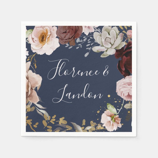 Serviette En Papier Floral flush moderne | Napkins Mariage de marine (Devant)
