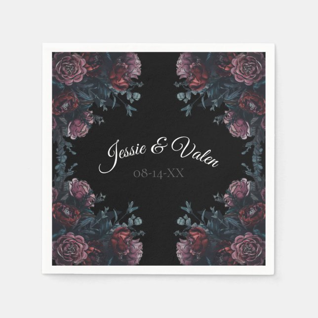 Serviette En Papier Floral foncé Mariage gothique noir élégant (Devant)