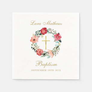 Serviette En Papier Floral Garland Gold Script Baptême Christening