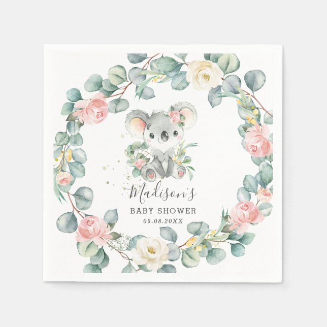 Serviette En Papier Floral Greenery Koala Baby Girl Douche Anniversair (Devant)