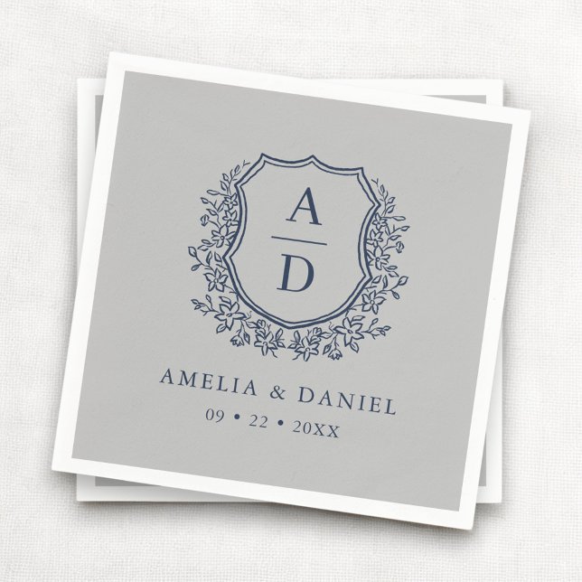 Serviette En Papier Floral Marine Blue Silver Crest Mariage Monogramme (Créateur téléchargé)