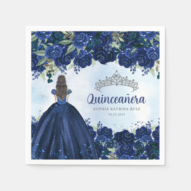 Serviette En Papier Floral Marine Blue Silver Robe Princesse Quinceane (Devant)